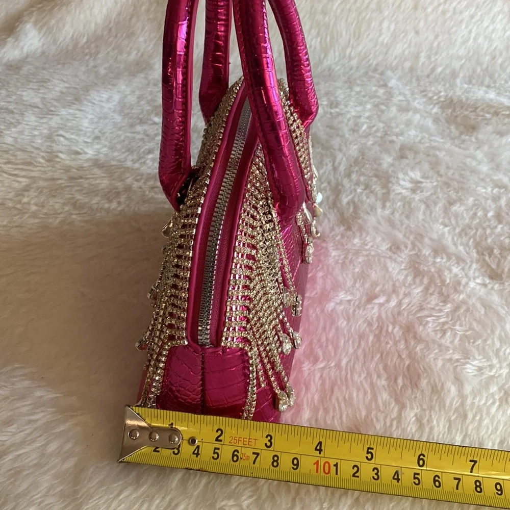 NWOT Adorably Chic Hot Pink Faux Croco Leather with dangling Rhinestones Bag - Picture 10 of 16